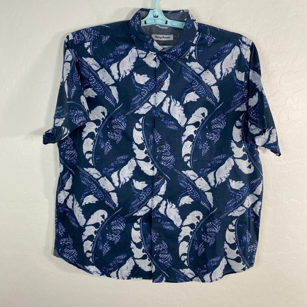 Tommy Bahama Shirt Mens Large Blue Cotton Stretch Hawaiian Camp‎ Floral Island